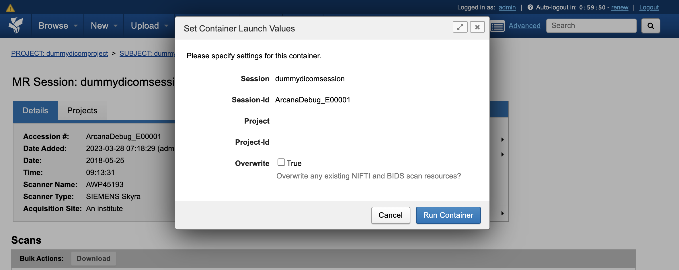 XNAT container values